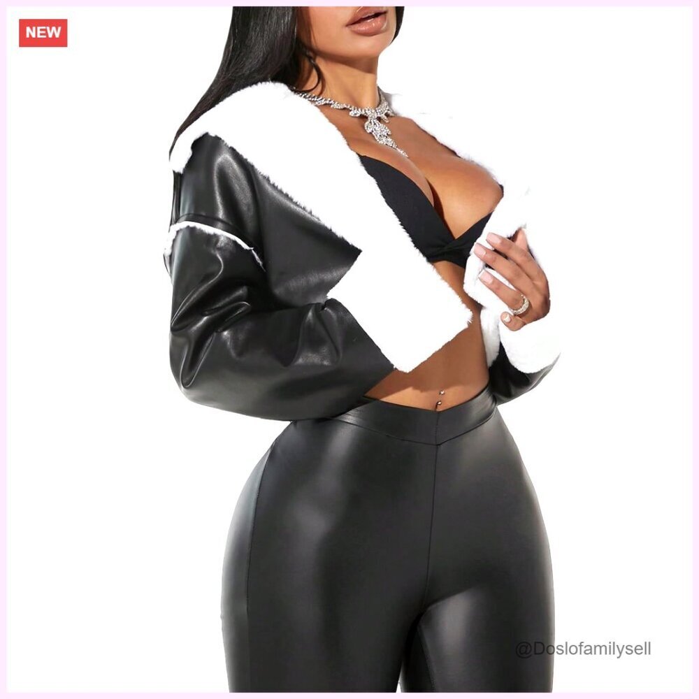 Faux Leather Teddy Jacket Cropped Open Front Fuzzy Outerwear Women's